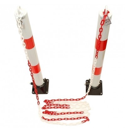 2 x 76mm Red & White Fold Down Parking Posts with 5 Metre Chain Kits